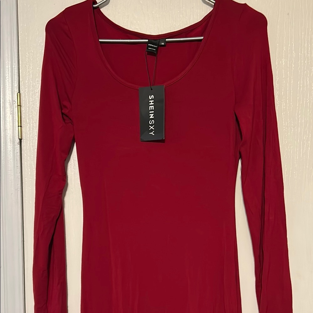 SHEIN Red Fitted Bodysuit Long Sleeve Top